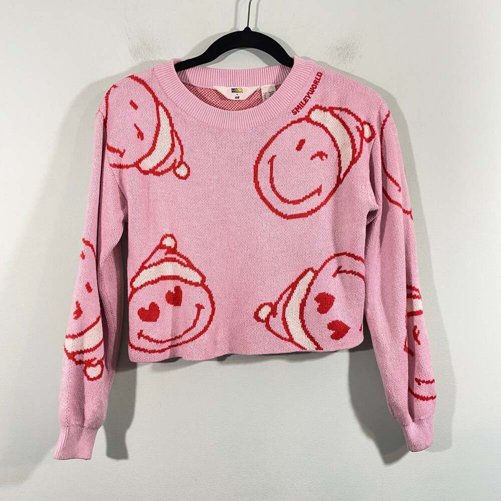 H&M X Smiley World Youth Pink Santa Smiley Face Cropped Sweater Size 12/14